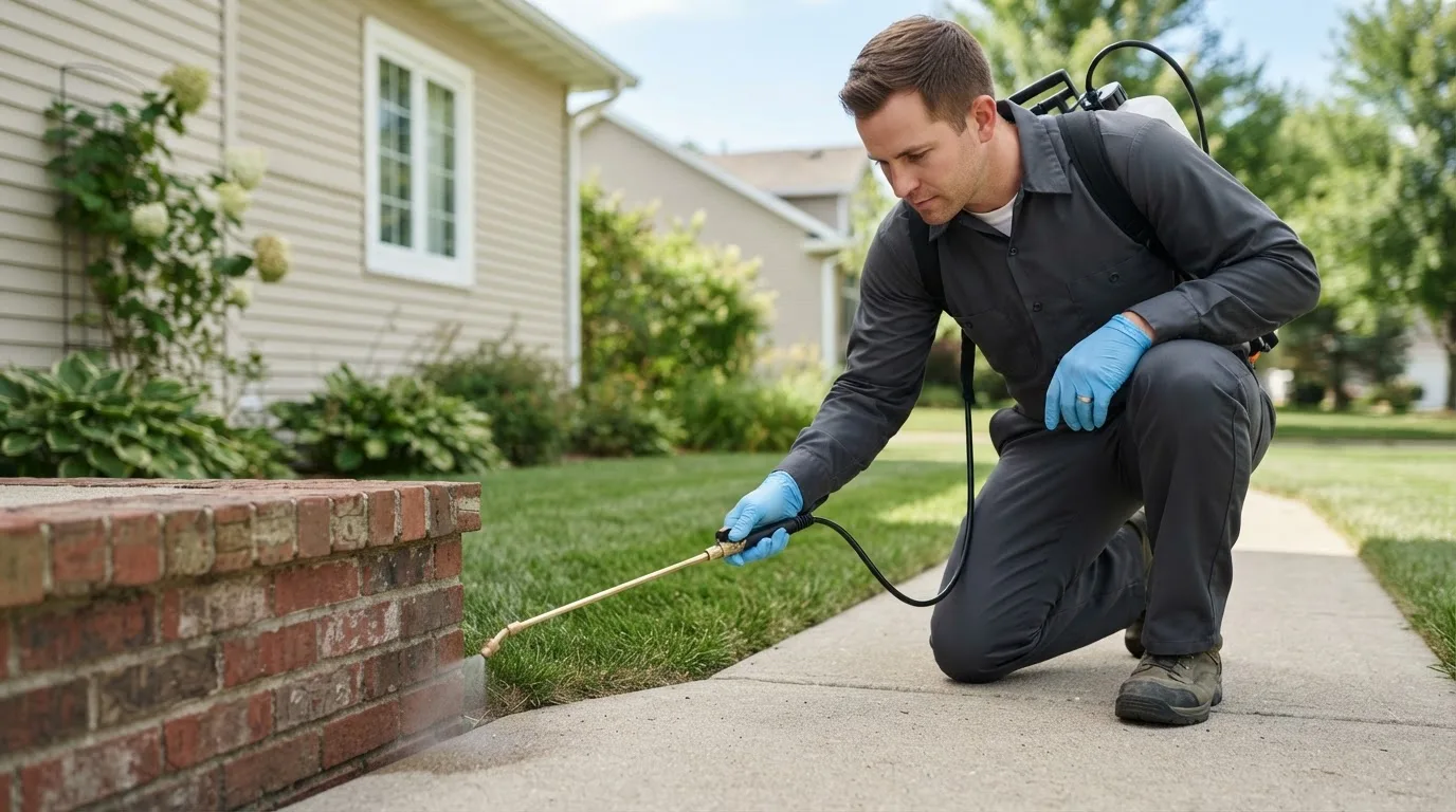 Pest control technician treating a home near Bagley, IA